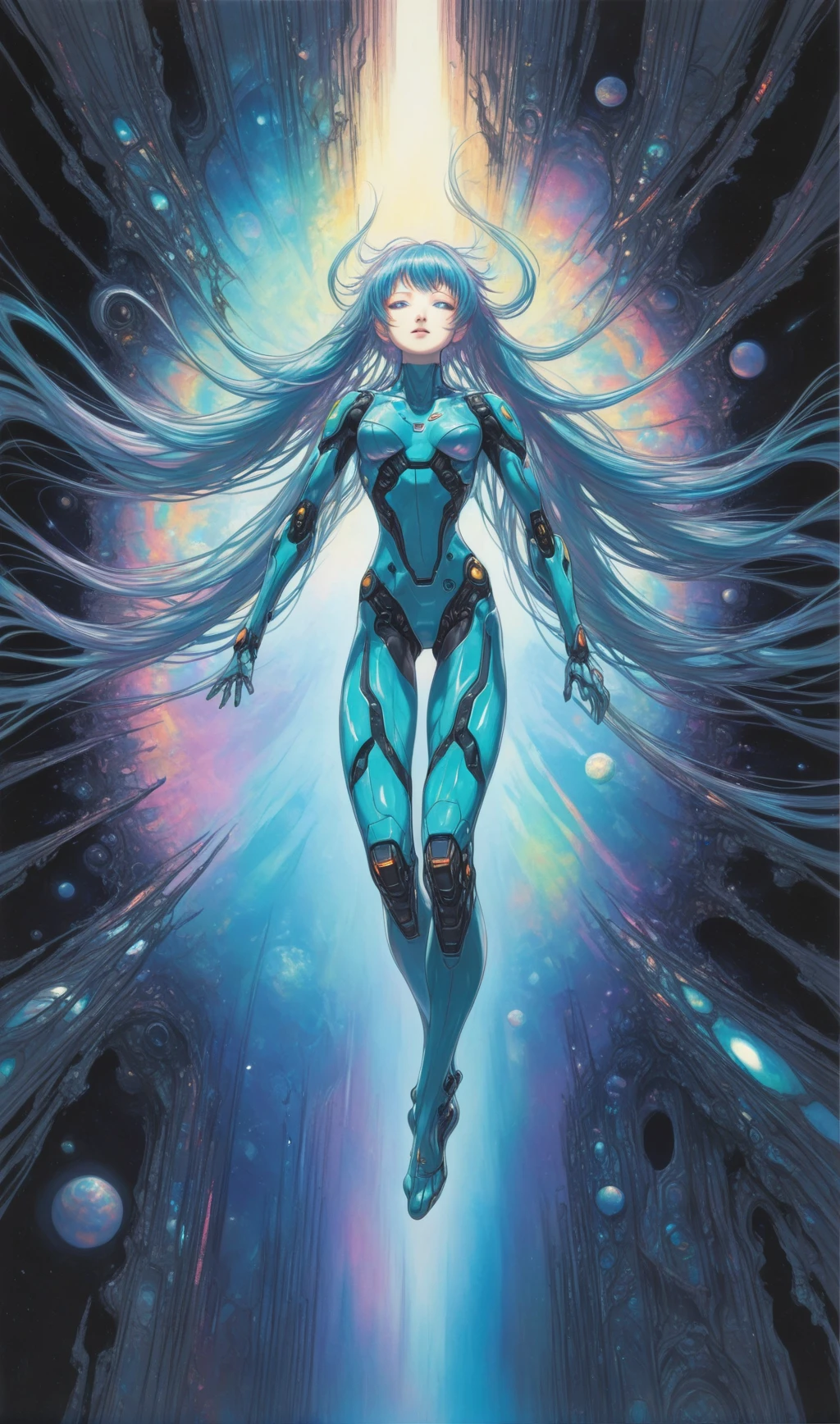 art by yoshitaka amano, portrait, racing miku, [woman:robot joints:0.6], [armpits:mecha:0.5], [evangelion:cyberpunk edgerunners:0.5], [lens flare:opal:06], intricate detail, cinematic lighting, amazing quality, amazing shading, reflective transparent iridescent opaque plugsuit, long transparent iridescent RGB hair, absurdly long hair, twintails, Detailed Illustration, official artwork, wallpaper, official art, extremely detailed eyes and face, beautiful detailed eyes, On a space station, zero gravity, floating, ((masterpiece, best quality))