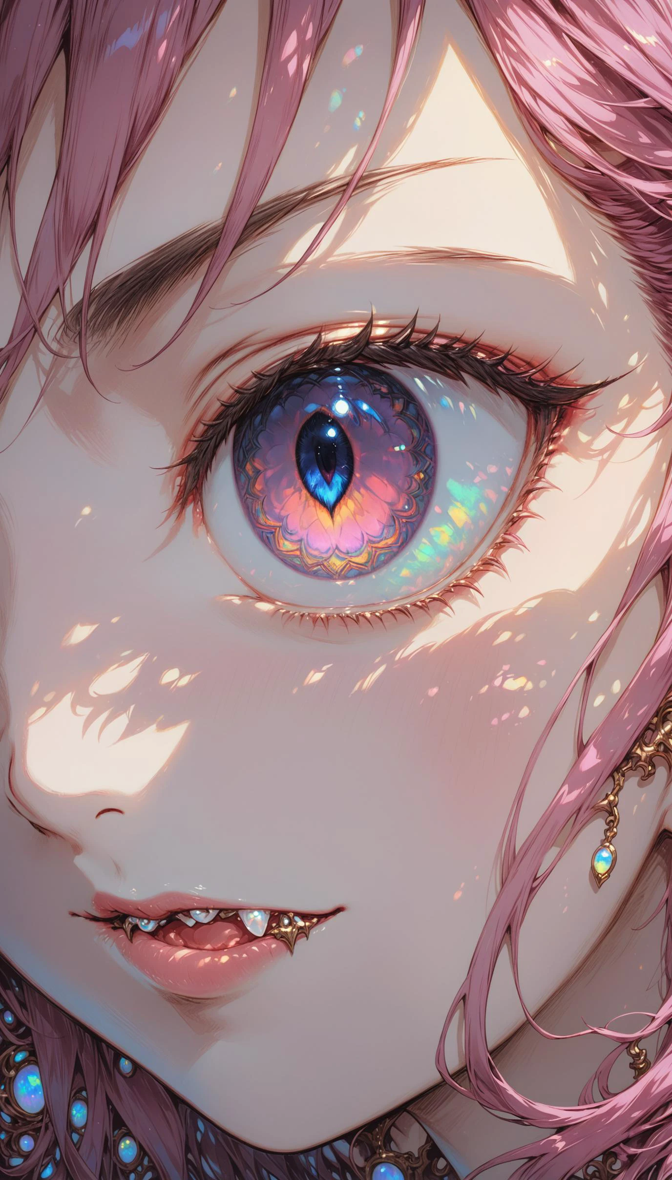 close-up of a cute young vampire, tooth, wavy mouth, tooth, [translucent:opal:0.5], reflective transparent opaque see-through sarong, underboob, pointy ears, looking_at_viewer, intricate detail, cinematic lighting, amazing quality, amazing shading, detailed Illustration, official artwork, wallpaper, official art, extremely detailed eyes and face, beautiful detailed eyes, pink eyes, eye focus, ((masterpiece, best quality)), closeup
