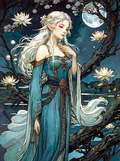 ((best quality)), ((masterpiece)), (detailed), 1girl, solo, white hair, elf, portrait, ethereal beauty, trees, fantasy illustration, enchanting gaze, captivating pose, otherworldly charm, mystical sky, (Yoshitaka Amano:1.1), moonlit night, soft colors, (detailed cloudscape:1.001), (high-resolution:1.001),  <lora:amano_yoshitaka_xl:0.9>, ((flower)), river, water, , art by Alphonse Mucha