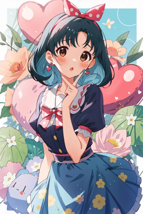 Tokugawa Matsuri, 1girl, solo, looking at viewer, blush, skirt, shirt, bow, jewelry, flower, short sleeves, heart, hairband, ear...