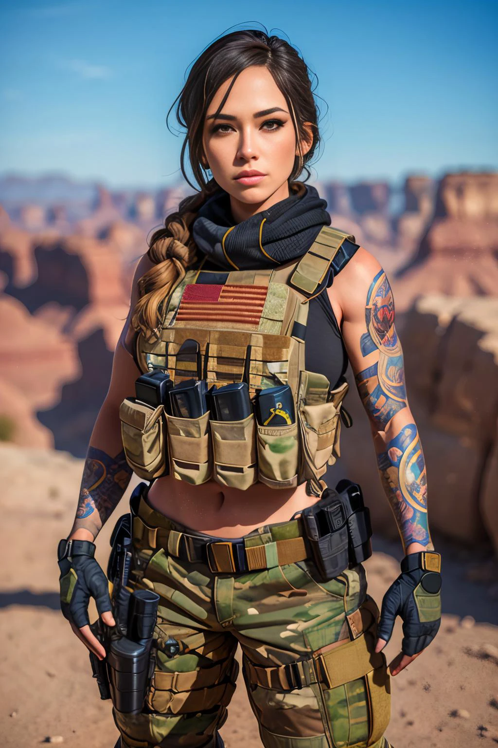 ((portrait shot)) Tacticool, a woman, vest, military, 4k, high-res, masterpiece, best quality, (head:1.3), finely detailed skin, cleavage,
