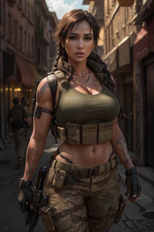 octane render, hdr, (hyperdetailed:1.3), (frontal soft light, sharp:1.2), Beautiful (Lara Croft:1) in a street,  detailed face, perfect body, cinematography, maximum details, neutral colors, hdr, soft cinematic light, insane details, ((realistic filter)),   (look at camera), (perfect legs), (perfect breast),random view, (regular hip), ((pull up thonga)), Tacticool, (vest:1.2), military, (cleavage)