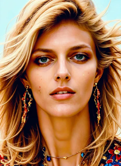 a close up of a woman with long blonde hair and earrings