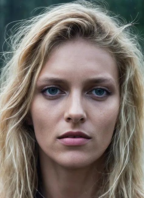 a close up of a woman with long blonde hair and blue eyes