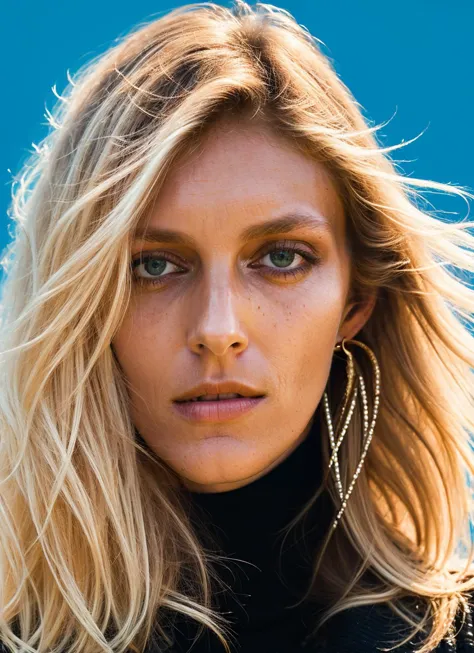 a close up of a woman with long blonde hair wearing a black turtle neck