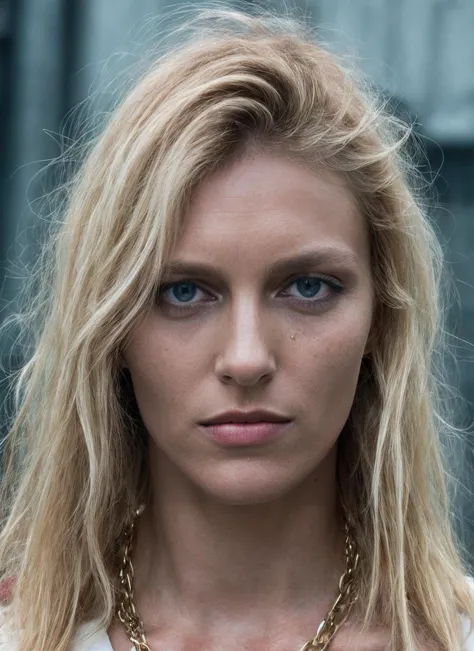 a close up of a woman with a necklace on her neck