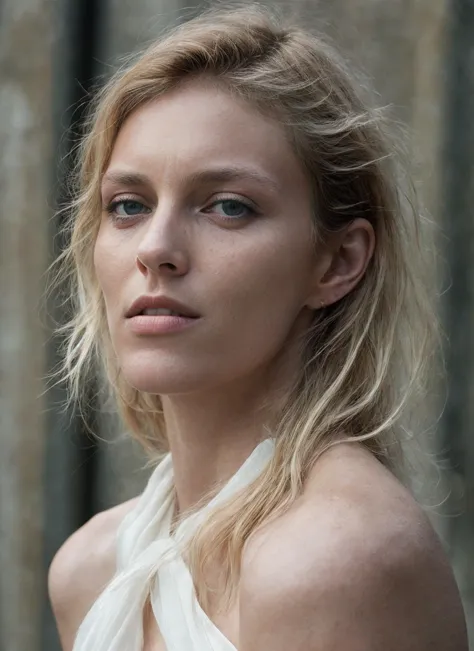 a close up of a woman in a white dress looking at the camera