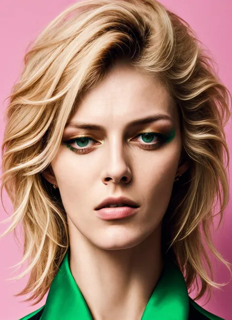 a woman with blonde hair and green eyes wearing a green shirt