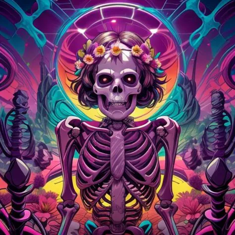 beautiful lighting, ((skeleton)), front, sitting, no humans, 
flower armor, flower crown, happy vibes, bright pink background, flowers, abstract, surreal, mixed media, pink haze, ultra detailed,
 <lora:add_detail:0.8>,  <lora:cutecore_dreampop:0.8> cutecore dreampop,  <lora:nvdreampunk:1> nvdreampunk, abstract surrealism, abstract geometry, mixed media