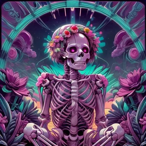 a skeleton sitting in a flowered garden with a flower crown