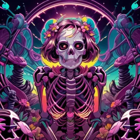 beautiful lighting, ((skeleton)), front, sitting, no humans, 
flower armor, flower crown, glowing eyes, happy vibes, bright pink background, flowers, abstract, surreal, mixed media, pink haze, ultra detailed,
 <lora:add_detail:0.8>,  <lora:cutecore_dreampop:1> cutecore dreampop,  <lora:nvdreampunk:1> nvdreampunk, abstract surrealism, abstract geometry, mixed media