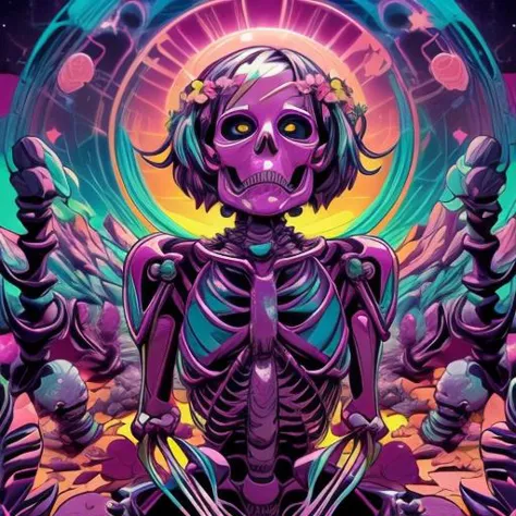 a poster of a skeleton with a purple background and a purple background