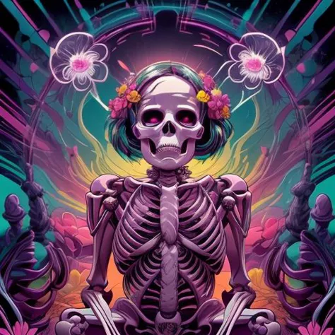 beautiful lighting, ((skeleton)), front, sitting, no humans, 
flower armor, flower crown, happy vibes, bright pink background, flowers, abstract, surreal, mixed media, pink haze, ultra detailed,
 <lora:add_detail:0.8>,  <lora:cutecore_dreampop:0.8> cutecore dreampop,  <lora:nvdreampunk:1> nvdreampunk, abstract surrealism, abstract geometry, mixed media