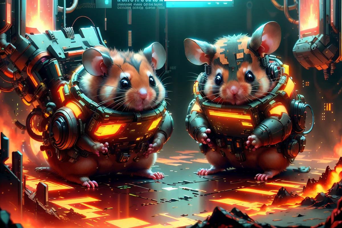 (hamsters,:1.2) , in cyberspace ,  matwaretech  , scifi, cyberpunk, pixelated, malware glitch,     exomagmatech, scifi, lava made, translucent ,