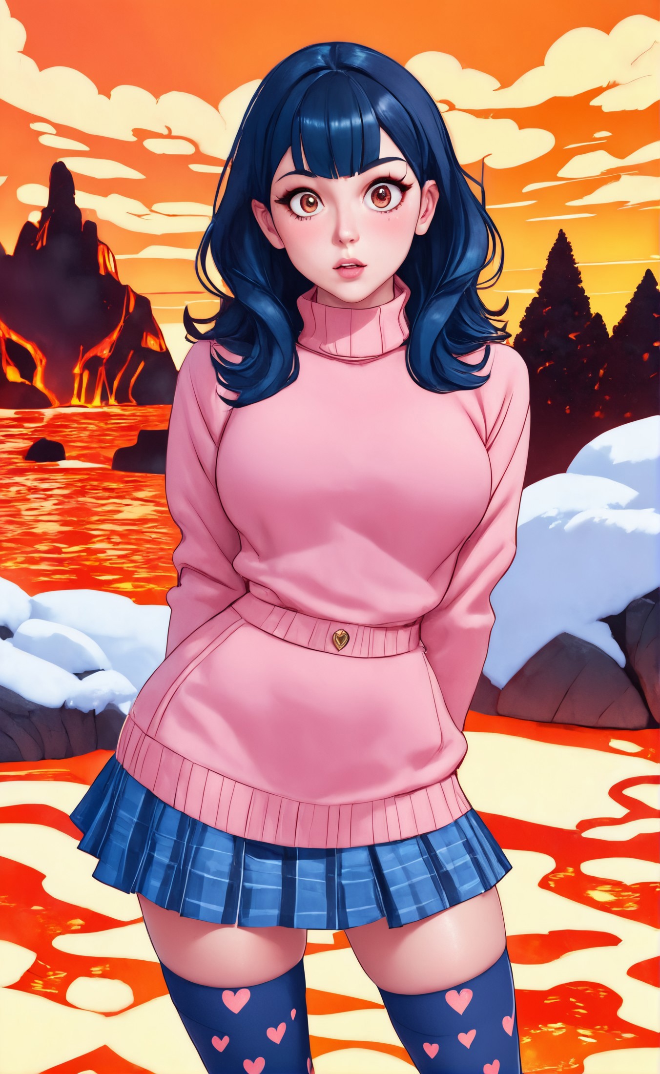 Ein Cartoon-Mädchen in einem rosa Pullover und einem blauen Rock steht vor  einem See - SeaArt AI