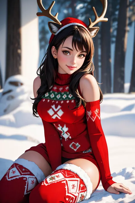 ((Masterpiece, best quality,edgQuality)),solo,1girl,smiling,excited,(snow field),
wearing holiday outfit, wearing holiday stocki...