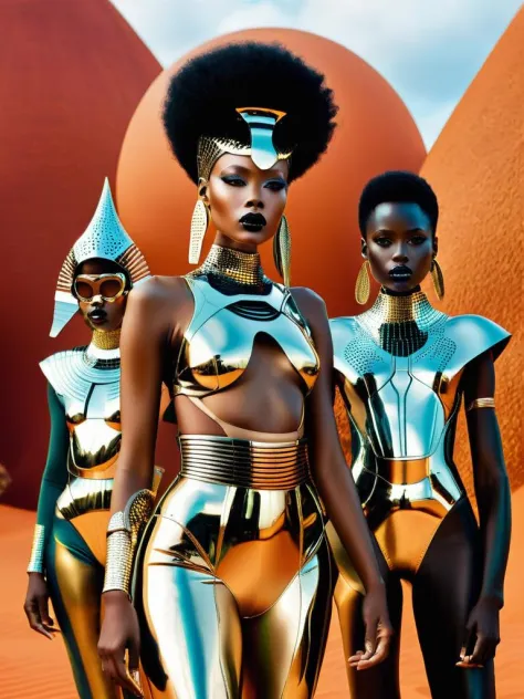 A dynamic Afrofuturist fashion show, featuring models adorned in kinetic  clothing that responds to movement, creating an immersive fashion  experience, fashion:1.4, kinetic:1.3 - SeaArt AI