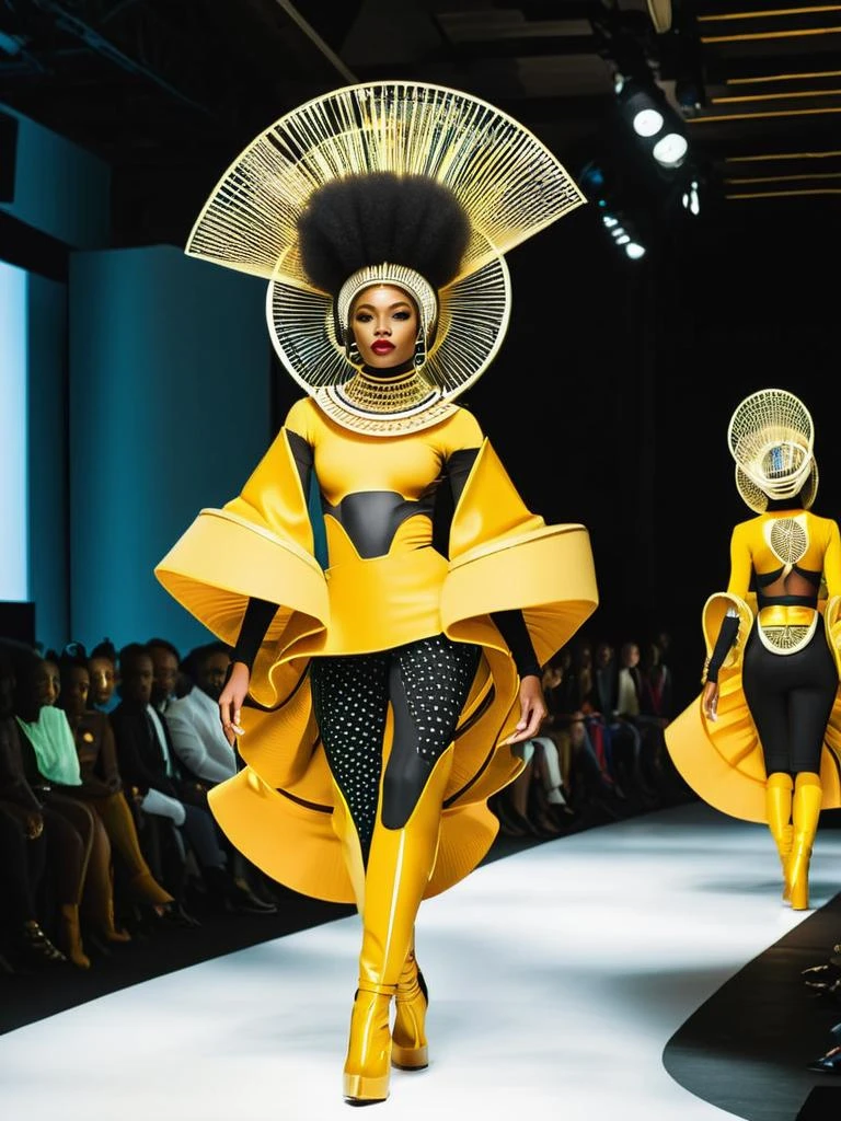 A dynamic Afrofuturist fashion show, featuring models adorned in kinetic  clothing that responds to movement, creating an immersive fashion  experience, fashion:1.4, kinetic:1.3 - SeaArt AI