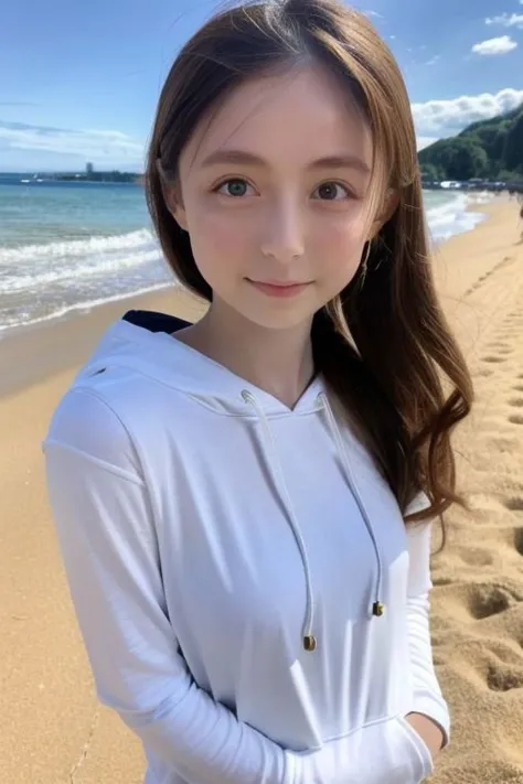 a woman standing on a beach next to the ocean