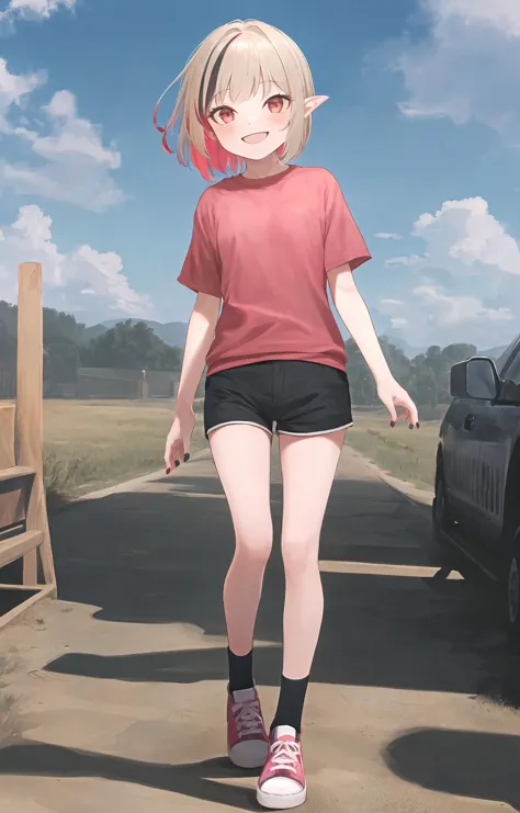 masterpiece, highres, 1girl, solo, outdoors, standing, colored inner hair, multicolored hair, smile, (red t-shirt:1.2), (black shorts:1.2), (red sneakers:1.2), white socks, pink hair, pointy ears, blonde hair, red eyes, medium hair, nail polish, streaked hair, two-tone hair, looking at viewer, clouds, full body