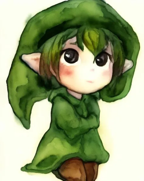 1girl, watercolor, sketch, green gnome, traditional_media, white_background <lora:green_suits_v1:0.7>