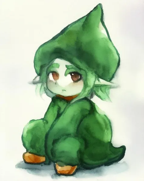 1girl, watercolor, sketch, green gnome, traditional_media, white_background <lora:green_suits_v1:0.7>