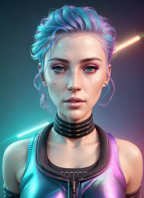 award winning half body portrait of a synthwave swpunk woman with freckles in a croptop and cargo pants with ombre navy blue teal hairstyle with head in motion and hair flying, paint splatters, splatter, outrun, vaporware, shaded flat illustration, digital art, trending on artstation, highly detailed, fine detail, intricate