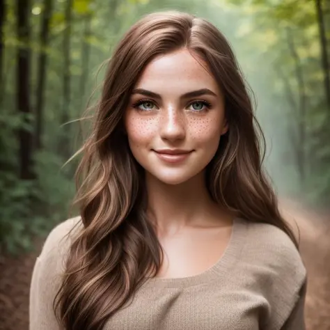 Photo, (sharp focus:1.2), attractive young woman, (beautiful face:1.1), detailed eyes, (smile:0.9), (body freckles:0.9), nude, (medium breasts:0.8), (toned body:1.2), shiny (brown hair:1.1), wearing (skirt:1.2). depth of field. 4K, HDR. by (James C. Christensen:1.2|Jeremy Lipking:1.1).