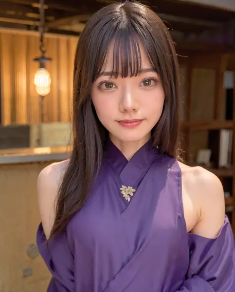 best quality, photorealistic, 8k, high res, 1girl, woman, (professional lighting), (portrait:0.6), (purple kimono dress:1.72), g...