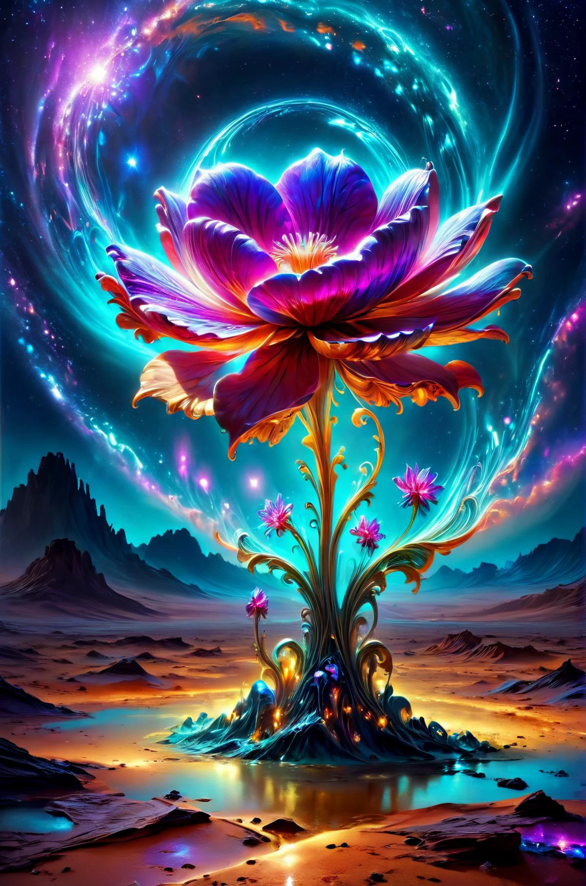horror-themed Эфирный fantasy concept art of  breathtaking a delicate flower growing in the middle of the desert ColorART, красочный инопланетянин DonMASKTexXL , шедевр, отмеченный наградами, Профессиональный, очень подробный, великолепный, небесный, Эфирный, живописный, эпический, величественный, волшебный, Фэнтези-арт, обложка, мечтательный, жуткий, тревожный, темный, жуткий, тревожный, мрачный, очень подробный