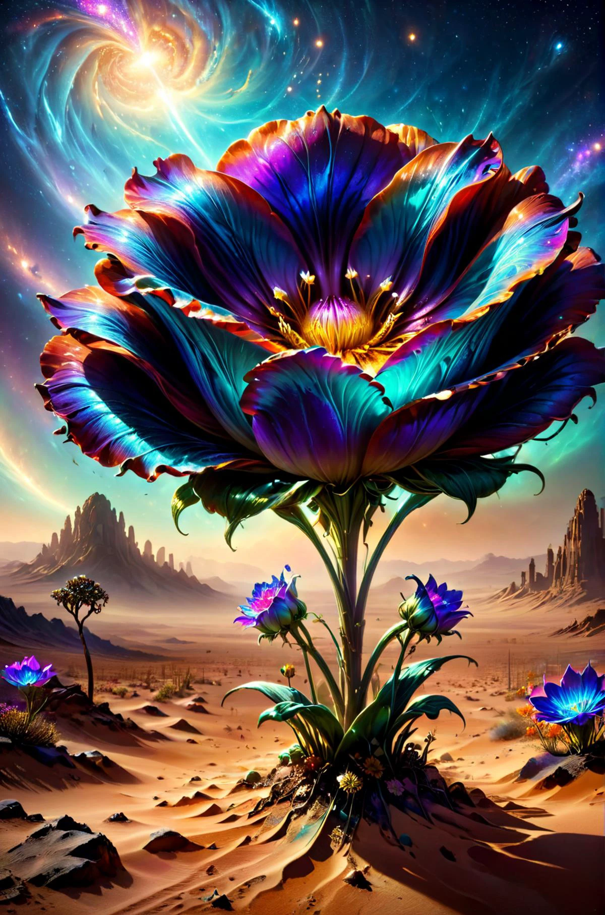 horror-themed ätherisch fantasy concept art of  breathtaking a delicate flower growing in the middle of the desert ColorART, colorful alienzkin DonMASKTexXL  , Meisterwerk, preisgekrönt, Fachmann, sehr detailliert, herrlich, himmlisch, ätherisch, malerisch, Epos, majestätisch, magisch, Fantasy-Kunst, Deckblattkunst, verträumt, unheimlich, beunruhigend, dunkel, Gespenstisch, spannend, grimmig, sehr detailliert