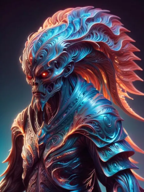 art by Marek Okon and dan mumford,  Yarn model of a large Brother, the Brother is Luminous, Samurai, elegant, Cryptidcore, anaglyph filter, alienz too 