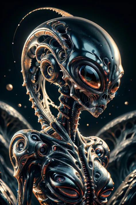 concept art, digital artwork, masterpiece, complex detailed, best quality, hdr, fashion alienzkin biomechanical alien, eye contact, cyber body, white and black colors, complex background, art by goro fujita, filtech, 