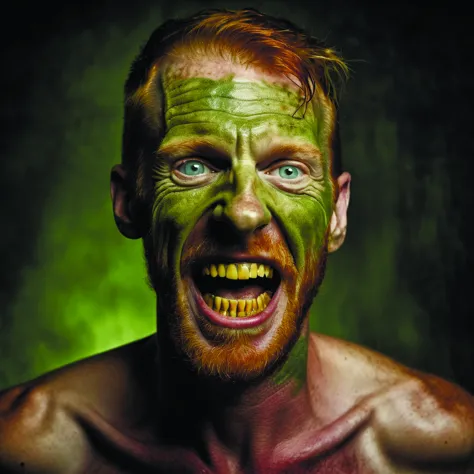 photo of a 50 year old skinny tall ginger men with rotten stained big yellow teeth,ugly appearance,psoriasis disease,85 mm,f / 1. 3 photo,(ominous:1.1),dirty,dangerous background,sharpen sharp short green hair,depth perception,by diegocr,high detail,smooth,green dark swamp <lora:add-detail-xl:1.6> DonMn1ghtm4reXL <lora:DonMn1ghtm4reXL:0.7>