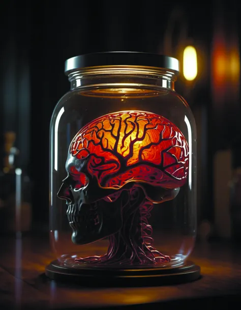 brain inside a jar,highly detailed,red and orange streaks,bubbling liquid,horror,nightmare,sharp focus,dark room,rustic metal ta...