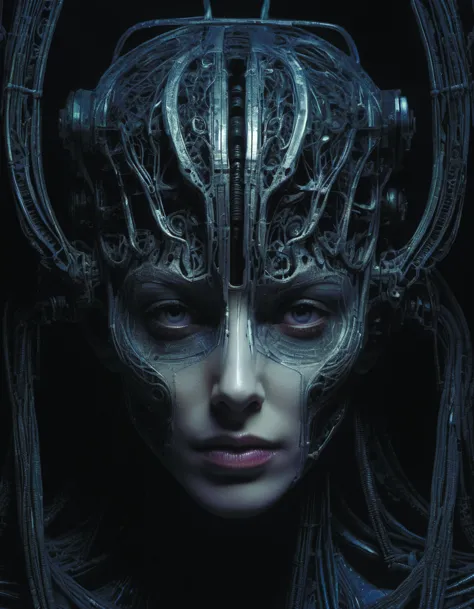 portrait de cauchemars neuronaux par Yoshitaka Amano et HR Giger,visage détaillé visage visage visage,structure faciale clairement visible,HD,8k,très très très très électronique,étaitmechanical,étaitlogy,était,machine neuronale hyper violet,fond sombre DonMn1ghtm4reXL par Wendy Froud 