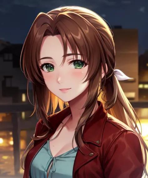 Retrato, (Mulher adulta), (1 garota, Sozinho), sorriso, (cabelo castanho), olhos verdes, ((favelas)), (noite, nebuloso), ((melhor qualidade, alto detalhe)), ((obra de arte)), Aerith Gainsborough, fita de cabelo, Trança, jaqueta cortada, vestir, 