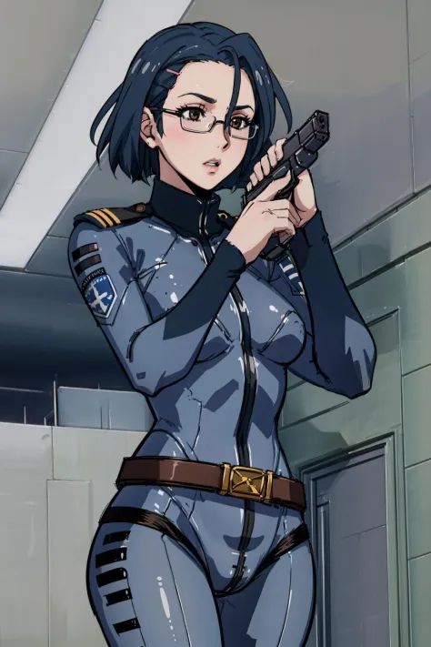 masterpiece, best quality, niimi kaoru, hairclip, glasses, bodysuit, uniform, belt, brown eyes, blue hair, ImAHealerButMeme 