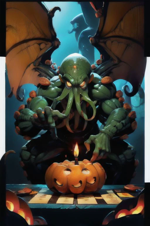 Cthulhu est un monstre citrouille parmi des bougies et des dés, sur un bateau, je joue à un jeu de société avec un vampire, les chauves-souris volent,