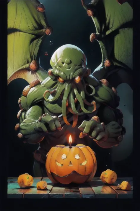 Cthulhu is a pumpkin monster among candy candles and dice, on a ship playing a board game with a vampire, bats flying around,