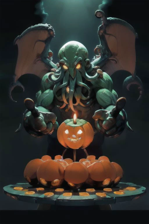 Cthulhu is a pumpkin monster among candy candles and dice, on a ship playing a board game with a vampire, bats flying around,