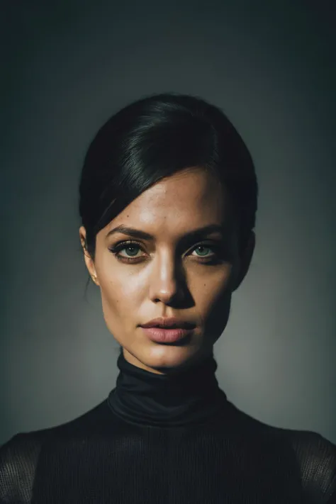 a woman with a black turtle neck top and black hair