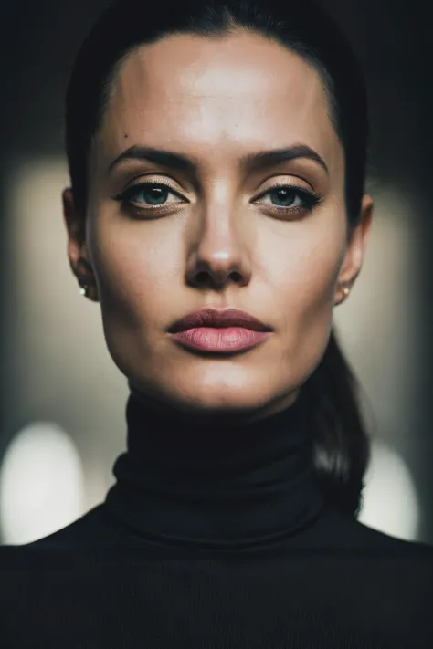 a woman with a black turtle neck top and a black top