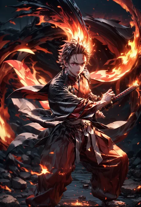 amazing quality, masterpiece, best quality, hyper detailed, ultra detailed, UHD, perfect anatomy, blurry background, 
(night:1.2), looking at viewer,
Tanjiro, OriginalOutfit, Scar,Scar on forehead, stride,
wilderness, fog, rocky terrain, 
(fighting stance:1.3), (lean forward:1.2), waving sword,
full body, sword with flame, (flame surrounded:1.3), glowing, hands up, (flame vortex:1.2), (flame afterimage:1.2), (motion blur:1.2), (flame around self, flame storm, flame tornado, flame circle:1.2), 
<lora:battoujutsu_24re_d128:0.85>, battoujutsu,
<lora:Tanjiro:0.7>, 
<lora:detail_slider_v4:1>,
<lora:more_details:0.4>,
<lora:add_detail:0.25>,
<lora:emotion_angry_slider_v1:1>,
<lora:GoodHands-vanilla:1>, 
<lora:ç«ç¥ç¥èæ°Zhurongshi_V2.2:0.7>, huoshen, zhurongshi,