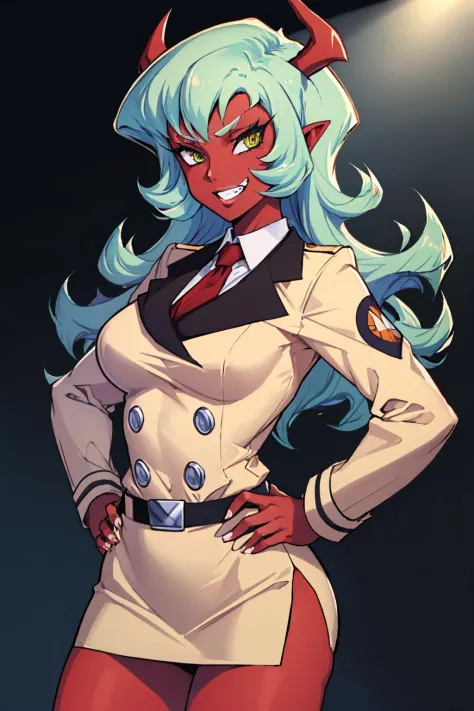 (masterpiece, best quality:1.2), solo, 1girl, psgscanty, red skin, evil grin, looking at viewer, hands on hips, horns, jacket, r...