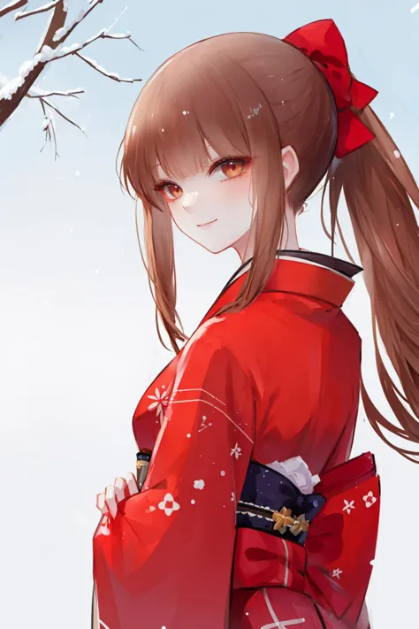 anime girl in red kimono with red bow and red hair