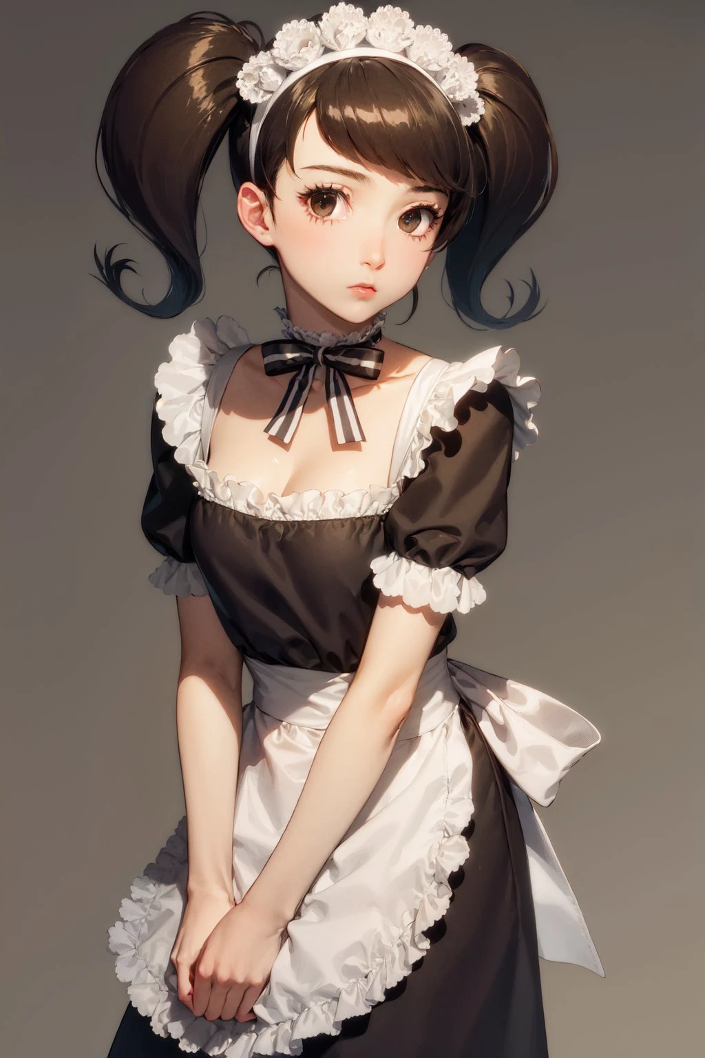 (masterpiece, best quality:1.2), cowboy shot, solo, 1girl, kawakami sadayo, maid, expressionless, looking at viewer, twintails, maid headdress, becky
