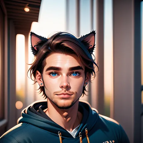 aszkstzz, 1boy, male focus, facial hair, animal ears, solo, stubble, blurry background, looking at viewer, blurry, hood, jewelry, earrings, cat ears, piercing, medium hair, beard, hoodie, brown hair, upper body, black hair, brown eyes, blue eyes, ear piercing, thick eyebrows, hood down, lips, depth of field, jacket, score_9, score_8_up, score_7_up, score_6_up, score_5_up, score_4_up