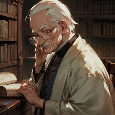 uneven skin, (old:1.6), wrinkly old man, wrinkly face, fantasy scholar, small glasses, searching books in a library  <lora:Granblue_Fantasy_style_v02.04:0.8>  <lora:add_detail:0.5>, (best quality, masterpiece, ultra-detailed:1.2), Best_QualityPos