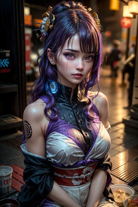 masterpiece, (photorealistic:1.5), best quality, beautiful lighting, real life, 1girl, ahoge, cyberpunk architecture, cyberpunk girl, implants, soaked clothes, rain, wet, cyber eye, face implants, cyber tattoos, cyberpunk geisha, geisha outfit, (purple hair), breasts, long hair, looking at viewer, small breasts, night, outdoors, pantyhose, purple eyes, intricate, high detail, sharp focus, dramatic, beautiful girl , (RAW photo, 8k uhd, film grain), caustics, subsurface scattering, reflections <lora:japaneseDollLikeness_v10:0.50> <lora:add_detail:1>